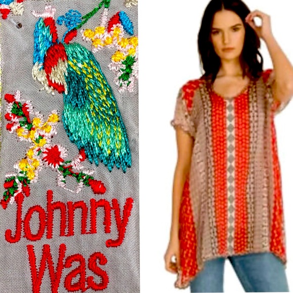 Johnny Was Embroidered Floral Print Boho Tunic Top – 100% Rayon Red & Gray Sz L - Picture 4 of 13
